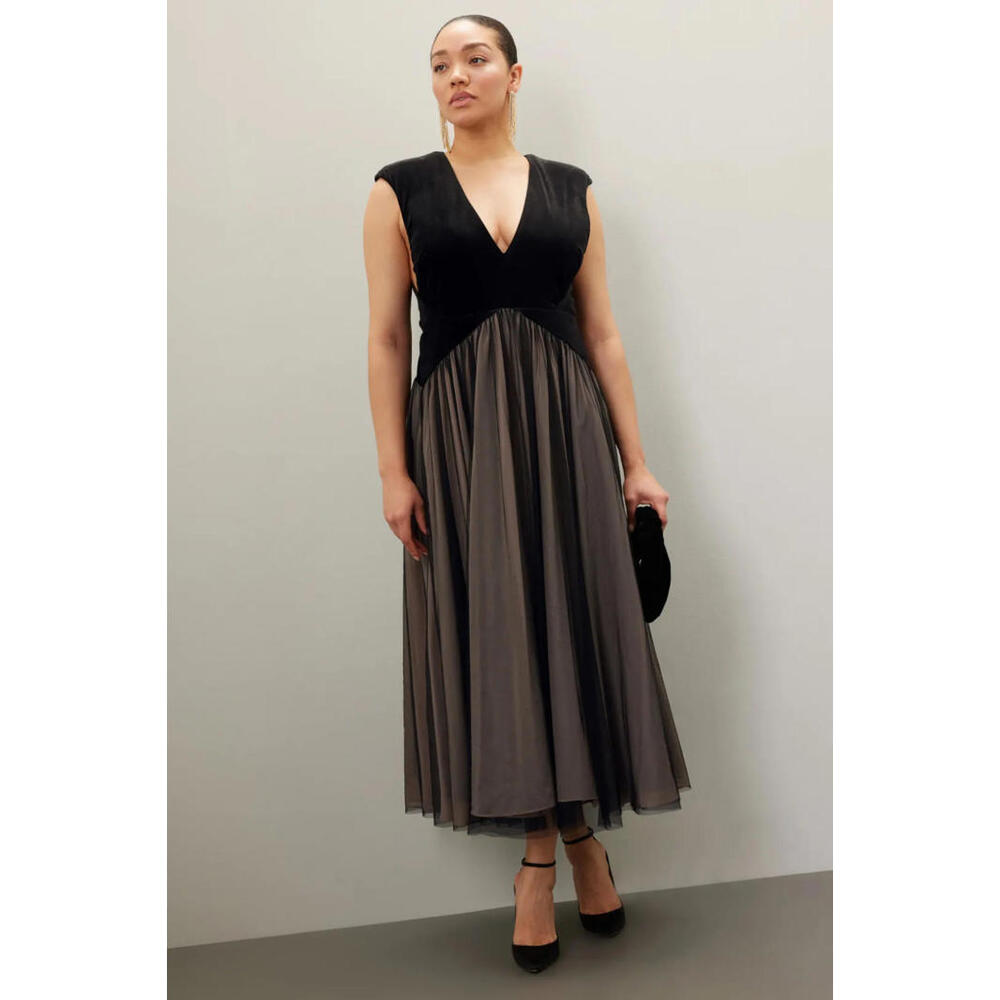 Badgley Mischka Velvet Top Tulle Bottom Drop Waist Midi Dress Black - Sz 10